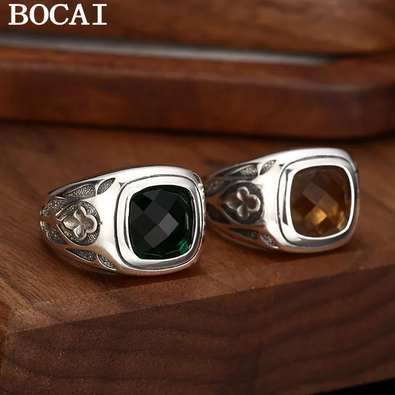 

BOCAI NEW S925 Sterling Silver Retro Personality Square Zircon Carved Flower Open Ring Men's and Women's Gift