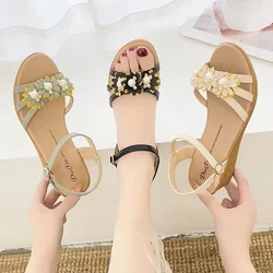 Wedges Heel Buckles Sandals for Women Ladies Shoes Summer 2024 Platform One Word Open Toe High Heels Footwear Pearl Asian Size F