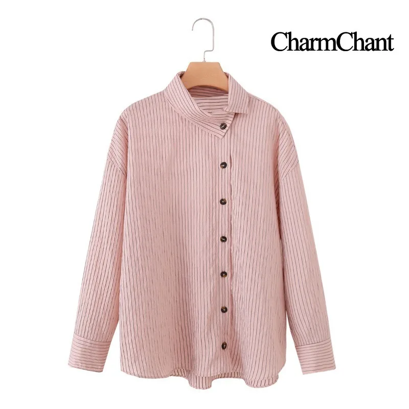 CHARMCHANT Women's cotton Pink Striped Asymmetrical Collar Oversized Button Down Shirt Long Sleeve Casual Blouse Summer 2026