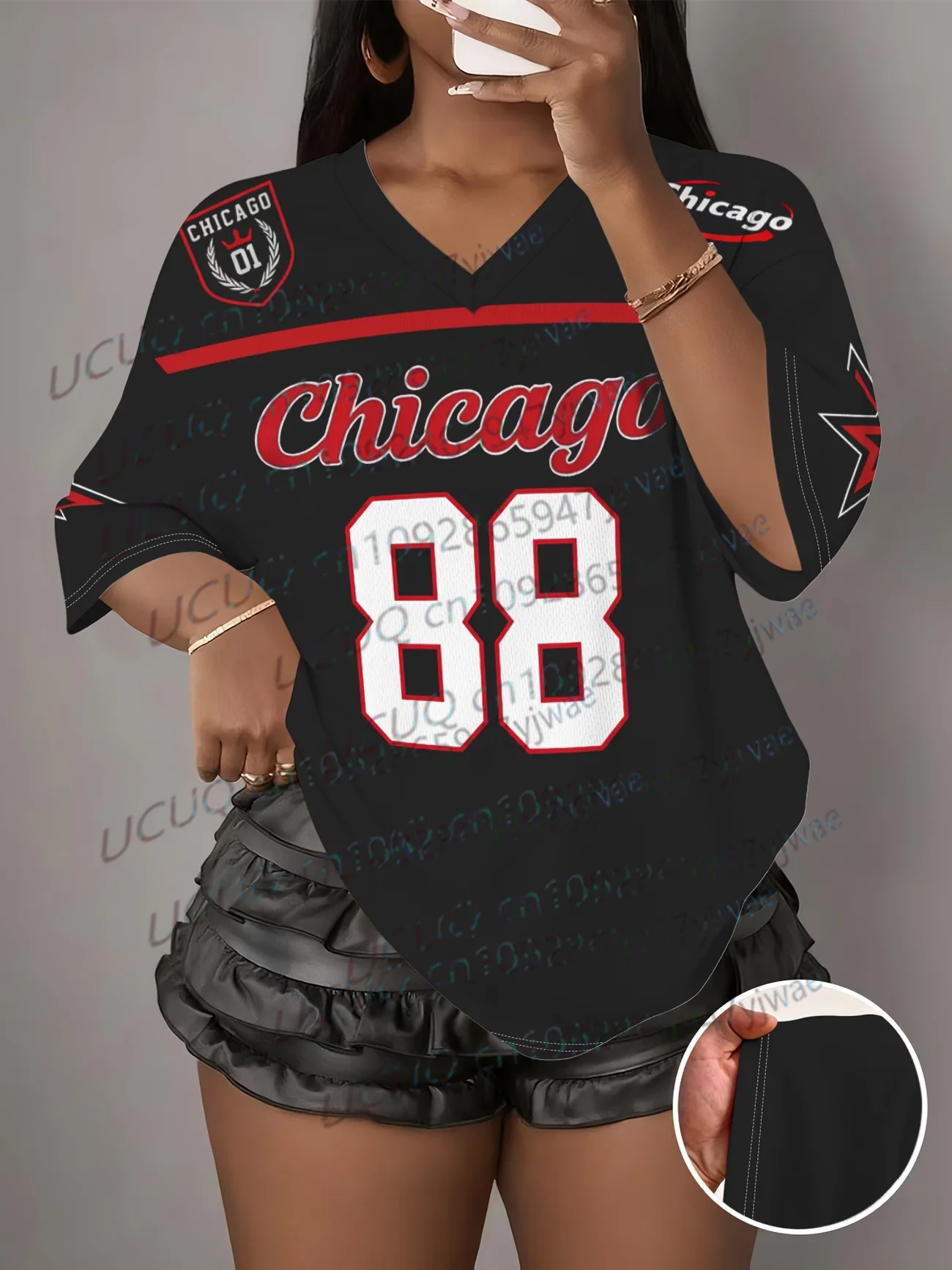 Women's Chicago No.88 Print V-Neck Short Sleeve T-Shirt Summer Graphic Tee Baseball Jerseys Plus Size Sport T-Shirt