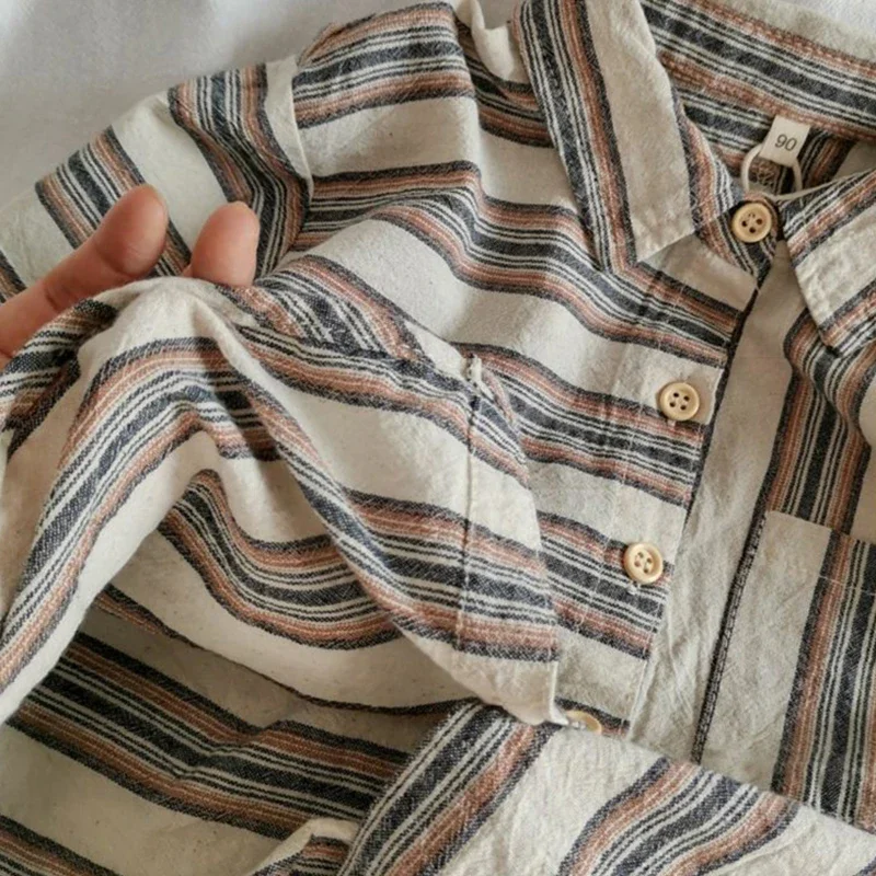 Children\'s Retro Striped Irregular Cotton Linen Shirt Autumn New Korean Literary Baby Boys Buttons Long-Sleeved Shirts WT055