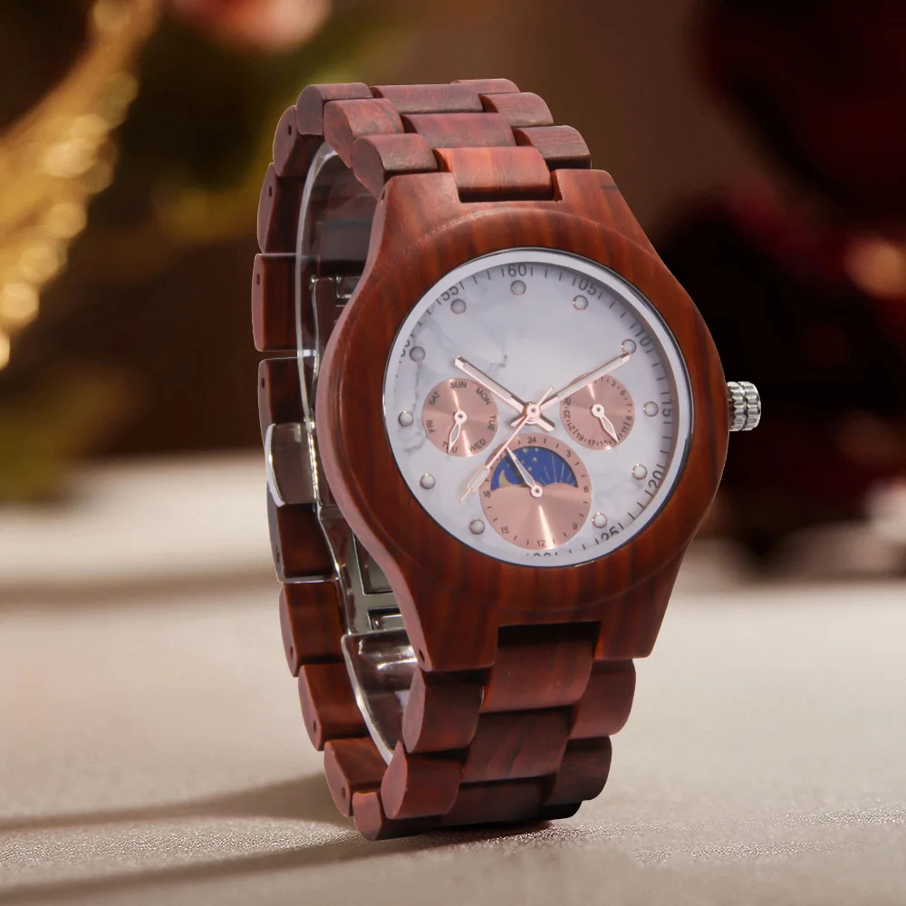 

Factory hot selling fashion enamel dial neutral wooden watch classic retro multi-function sun, moon and star quartz watch