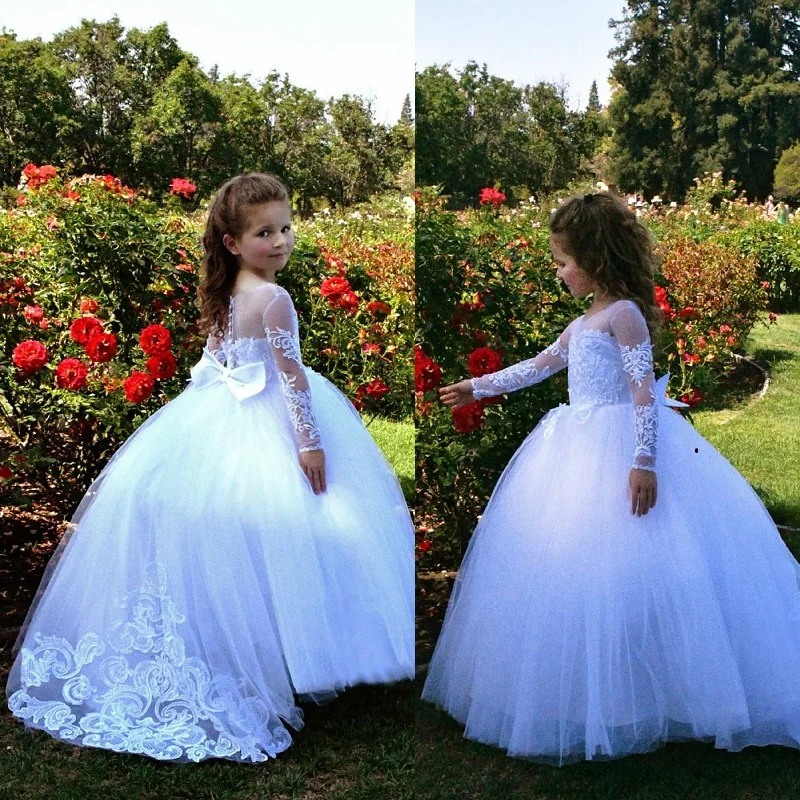 

Flower Girls Dresses Beautiful Holy Communion Dresses Lace Long Sleeve Beaded Puffy Ball Gown Prom Pageant Dress For Girls