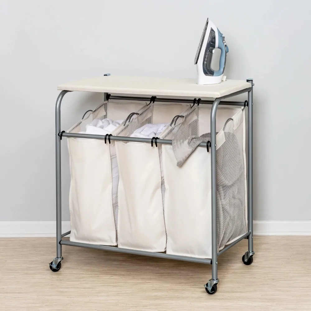 Honey-Can-Do 3 Bag Steel Rolling Laundry Sorter with Ironing Board Top, Silver/Natural