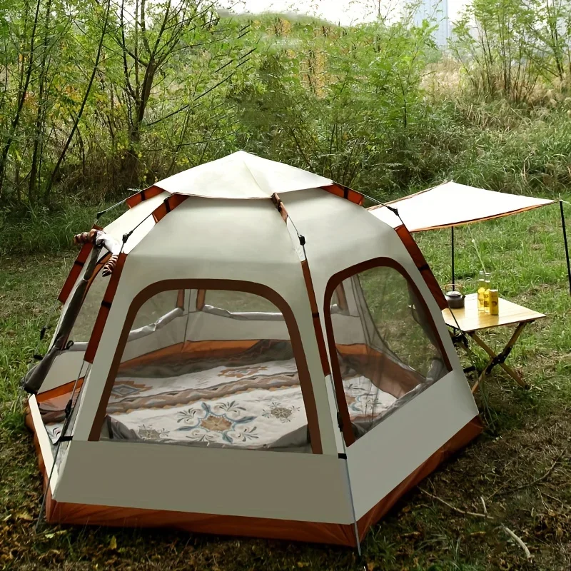 

Spacious 4-Person Hexagonal Camping Tent with Canopy - Waterproof, Windproof, Easy Setup, Includes Mesh Doors & Large Windows