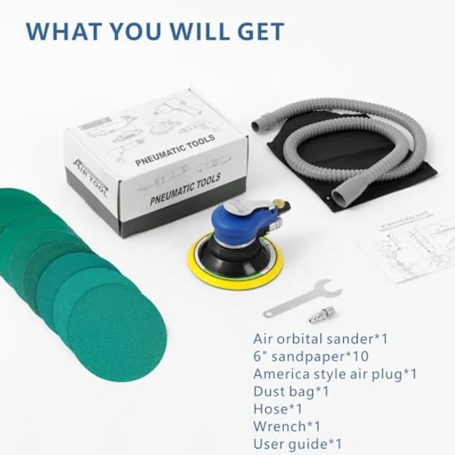 Air Random Orbital Sander Self-Vacuum with Hose and Dust bag by, Pneumatic Palm Sander Orbital Sander With 10 pcs Sandpapers fo