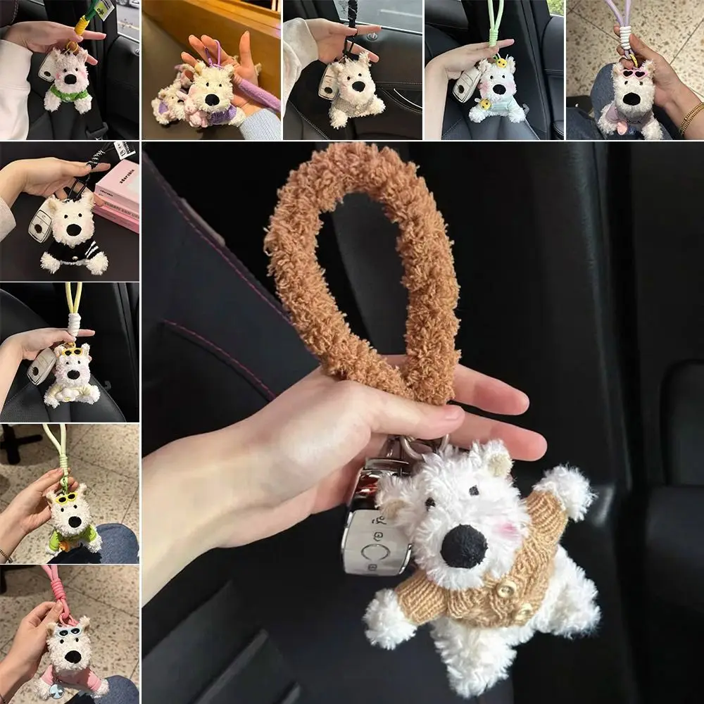 Cute Cartoon West Highland Dog Keychain Plush Stuffed Dolls Puppy Pendant Hanging Ornament Car Key Ring Bag Accessories