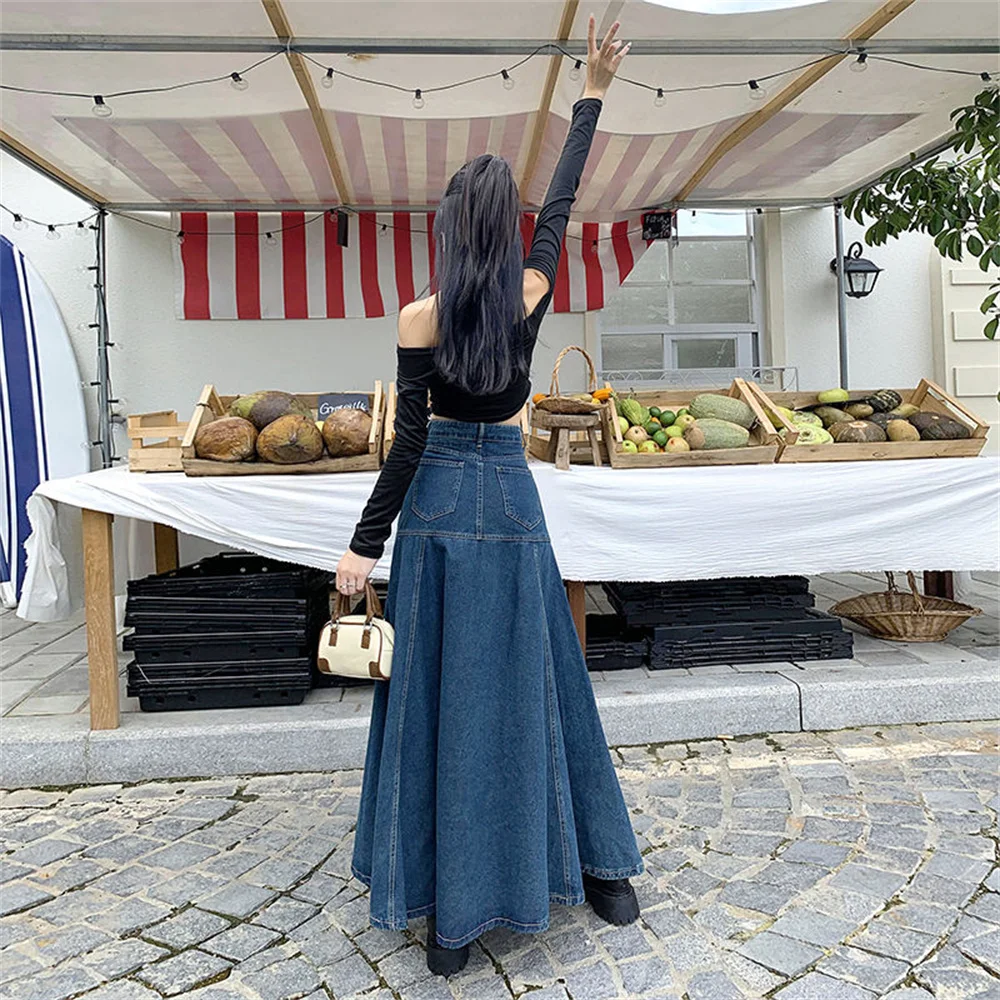 Dames Lange Rok 2024 Zomer Mode Hoge Taille Denim Rok Casual Patchwork A-Lijn Maxi Rok Elegant Wrap Lang