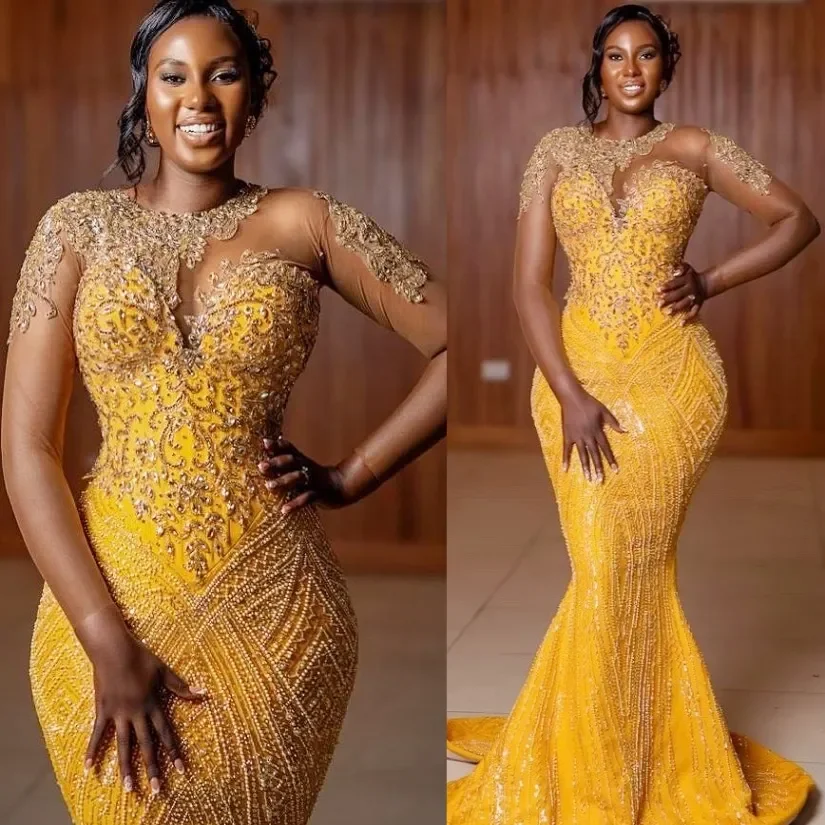 

Yellow Mermaid Prom Dresses Lace Rhinestones Sequined Vintage Evening Gowns Plus Size Dress Customized