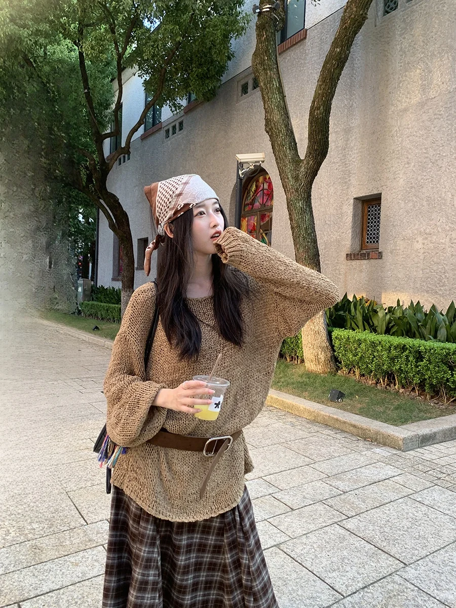 

mat Knitted Sweater Pure Color Versatile Layering Single Wearing Casual Sle round Ne Long Sve Loose Fit Women's...