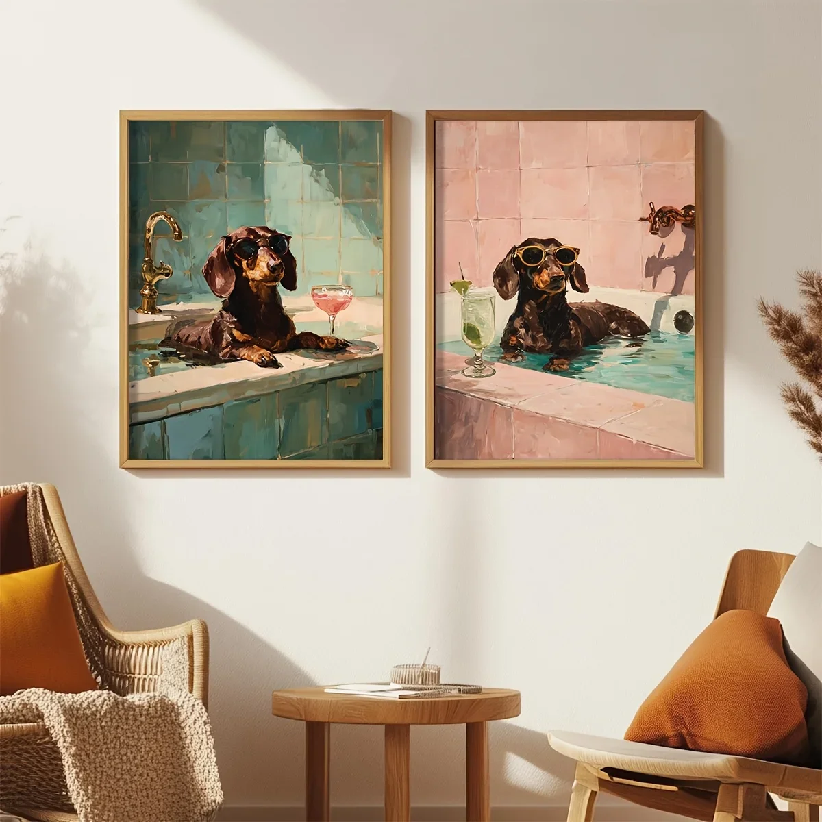 2pcs frameless Canvas Painting 2pcs Funny Dachshund Bath Wall Art Set Sausage Dog Print for Bathroom Dachshund in Bathtub Dog Co