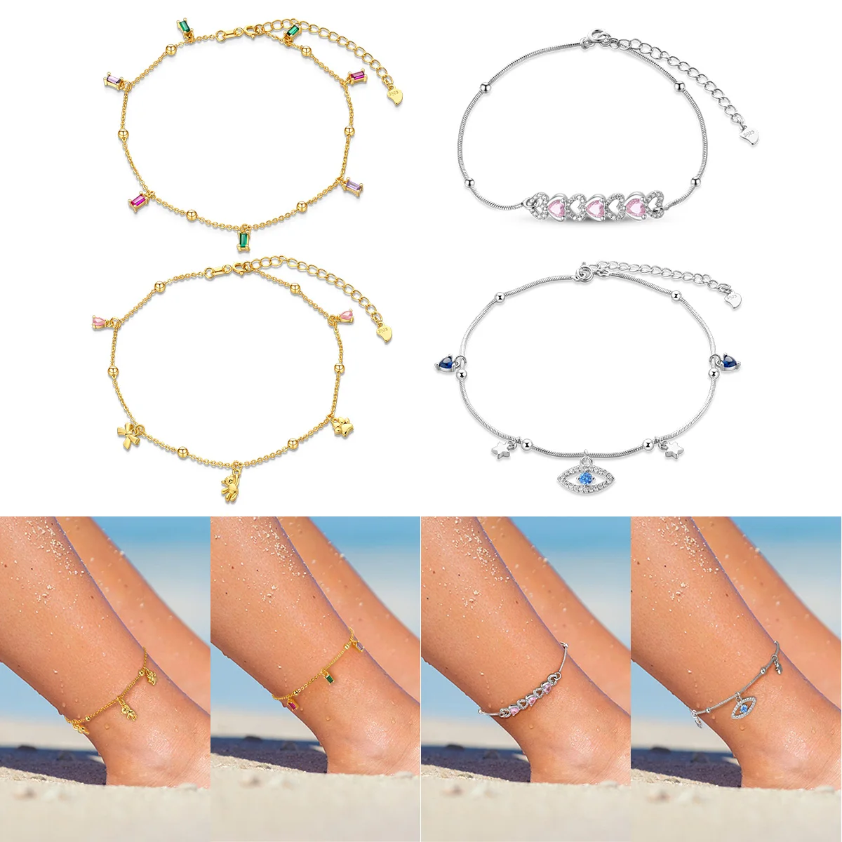 

925 Sterling Silver Anklet with Zircon Charms Adjustable Chain for Daily Wear mom Women’s girl gift
