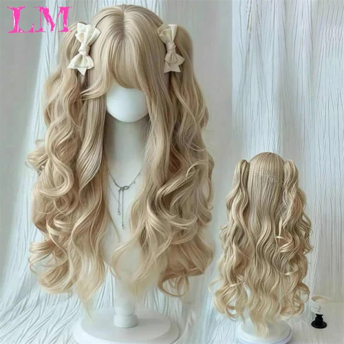 Imagen 2 del producto Peluca LM Lolita Kawaii con cola de caballo larga y rizada, peluca Bob corta, peluca sintética para fiesta de Cosplay, peluca rubia Harajuku con flequillo para mujer