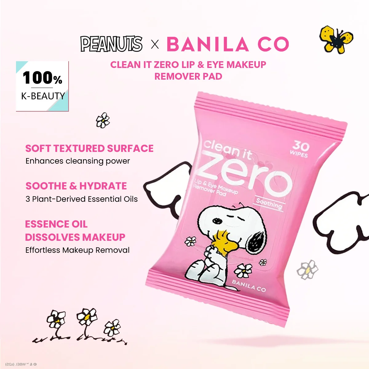 Almohadillas Desmaquillantes para Labios y Ojos Clean It Zero de Banila Co - Diseño Gráfico de Snoopy, Desmaquillado Suave, Cosmético Coreano, Maquillaje Coreano