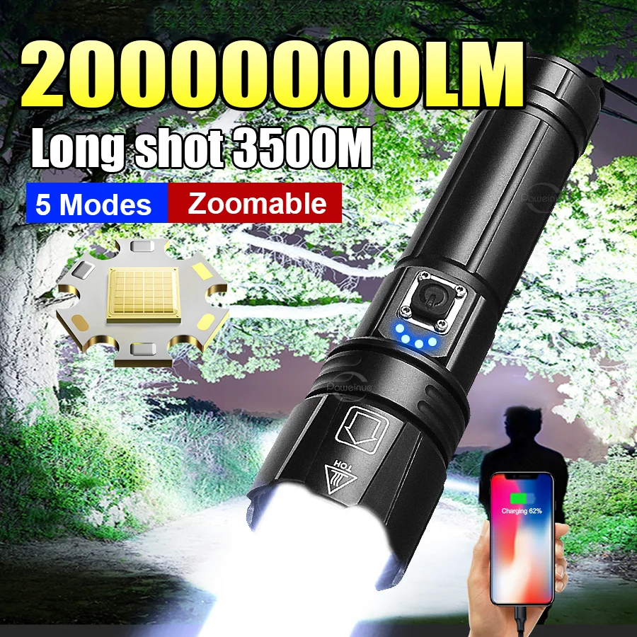 

High Power XHP360 LED Flashlight Usb Rechargeable 18650 Light Zoom Ultra Powerful Tactical Flashlight Strong Light Camping Torch