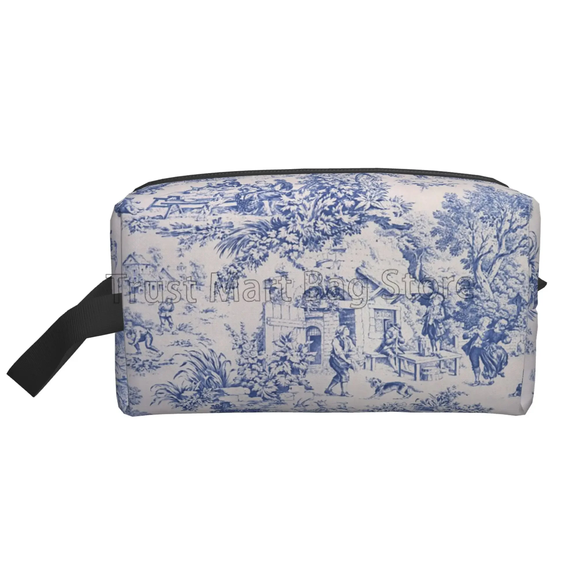 French Toile De Jouy Make Up Organizer Toiletry Pouch Large Waterproof Cosmetic Bag with Zipper Travel Packing Bag for Women