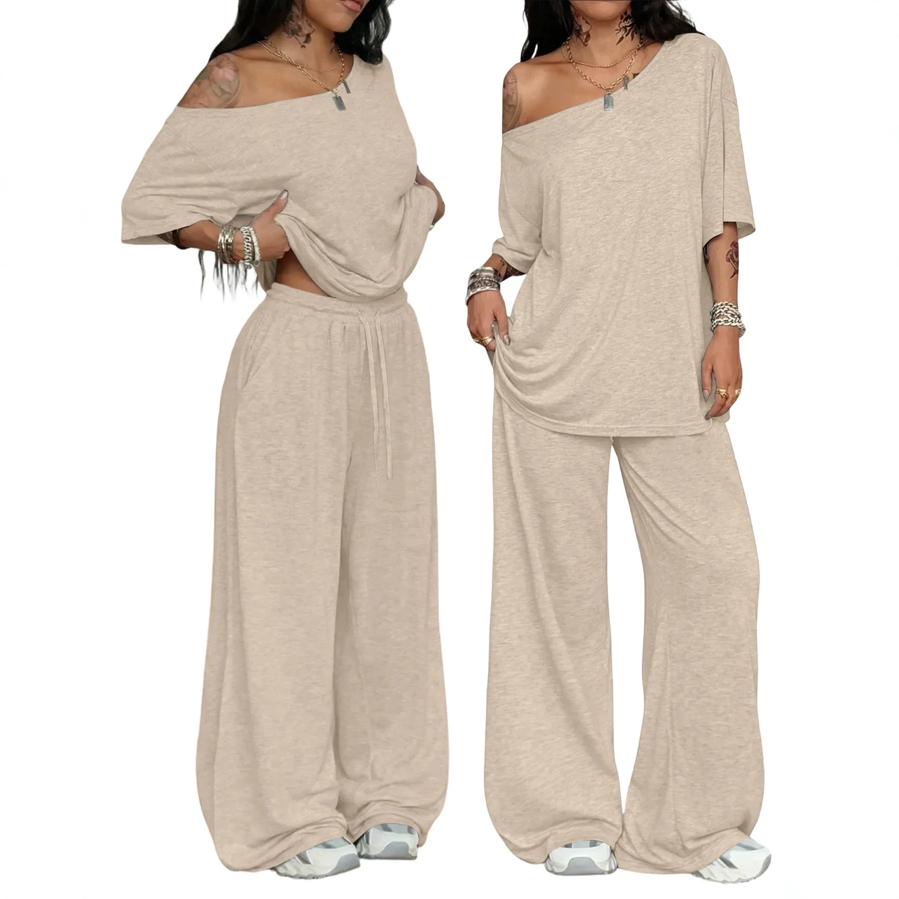 Loose Sexy Tops Wide Leg Pants Women Matching Sets Casual Sport Gym Yoga Fashion Autumn Homewear 2 Pieces Set Woman Clothes