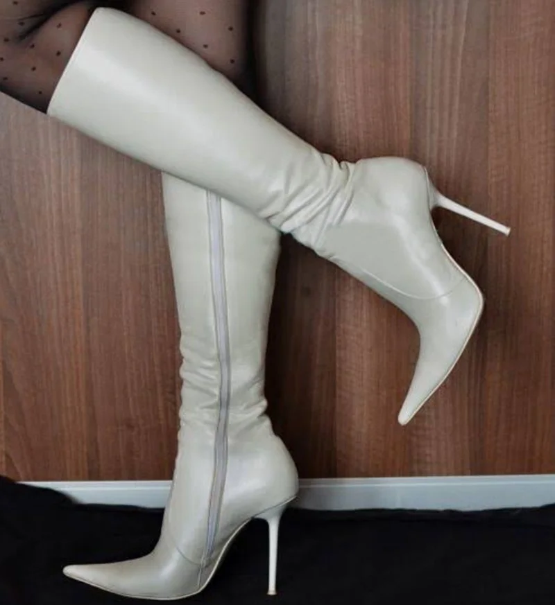Newest Pointed Toe Stiletto High Heels Winter Long Boots Black Leather Zipper Thin Heels Knee High Boots Black White Size45