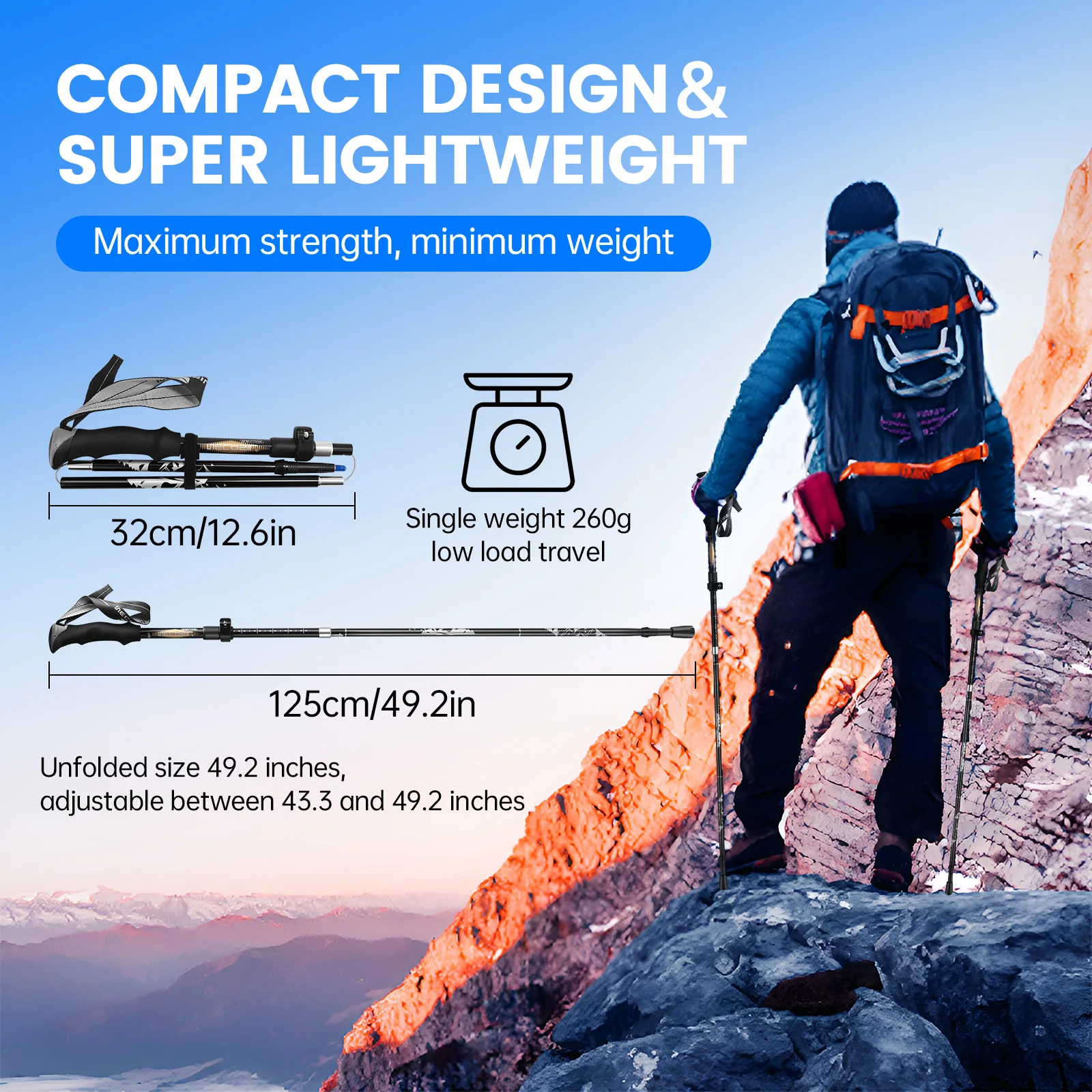 110-125 Cm Trekking Poles EVA Handles Foldable Adjustable Aluminum Alloy High Density Nordic Walking Poles 1 Pair