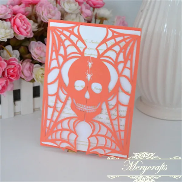 Skull and Spider Web Design Laser Cut Wedding Halloween Invitation Cards