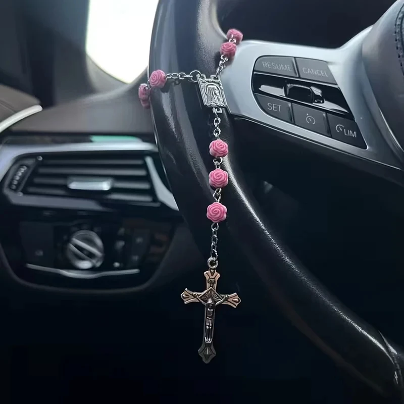 One Steering Wheel Decoration Piece, A Simple Pink Rose Cross, Creative Prayer Beads Car Pendant Accessory