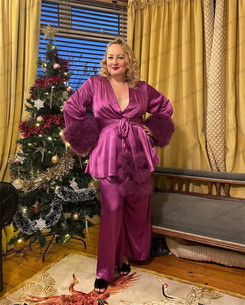 Plus Size Frauen Nacht kleider sexy Seide Satin Feder Nachtwäsche 2 Stück Kleidung Hosen Set mit Gürtel Fotoshooting nach Maß