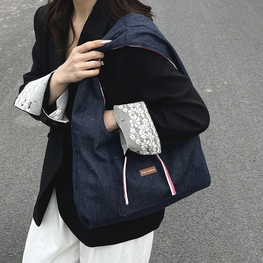 

Sweet Double-sided Shoulder Pouch Bow Large Capacity Stripe Cloth Vest Pouch Lightweight Polyester Denim Blue Handbag Vacation