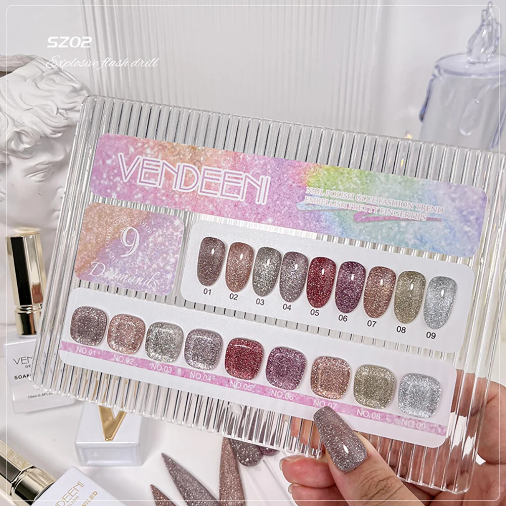 Vendeeni 9 Farben/Set Glitzer-Broken-Diamond-Gel-Nagellack TPO HEMA-FREI Glänzender Sternenhimmel UV-Soak-Off-Gel-Lack mit Display – Detail 7
