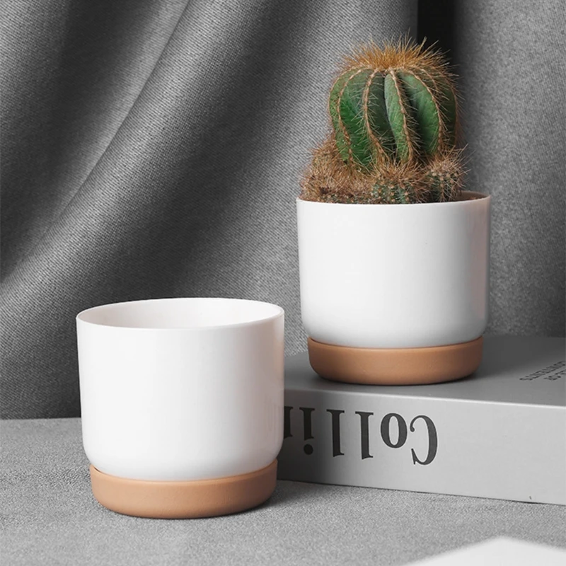 Small White Ceramic Planter Mini Flower Containers Indoor with Drainage Hole