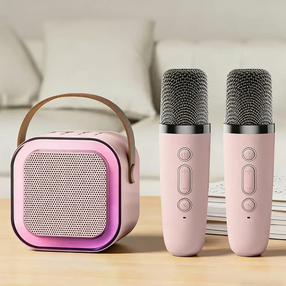 

Portable Bluetooth Karaoke Machine with 2 Dual Wireless Microphones LED Nightlight Subwoofer IPX4 Waterproof Natural Sound Compa
