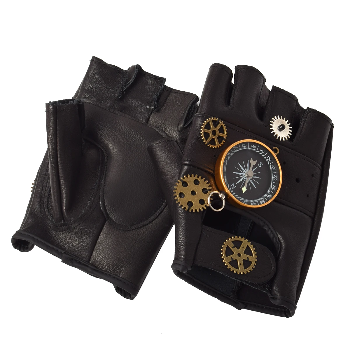 Steampunk PU Leather Fingerless Compass Gloves Men Women Fashion Hip Hop Punk Gloves Half Finger Gloves