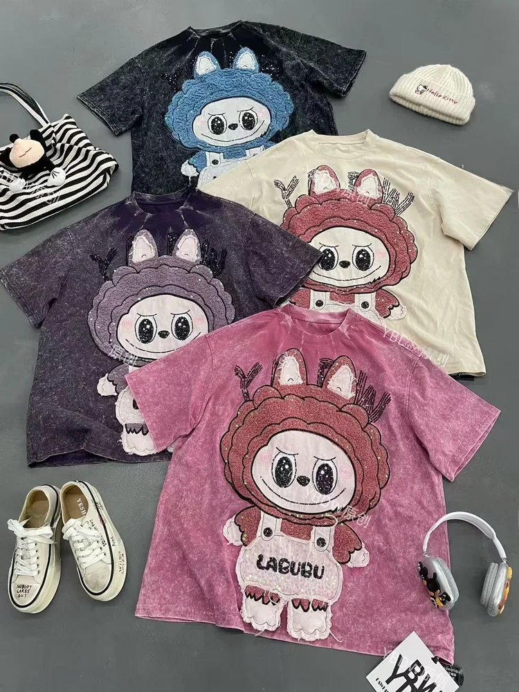 

Свободная футболка ort Sve с вышивкой и 3D мультяшным принтом, удобный хлопковый женский летний топ Faion YBDW, модный бренд