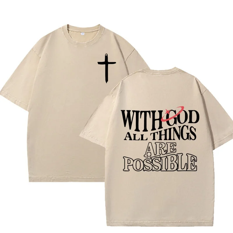 with God All Things Are Possible Vintage T-Shirt Christian Cross Back Print Tee High Quality Faith Graphic T Shirt Streetwear