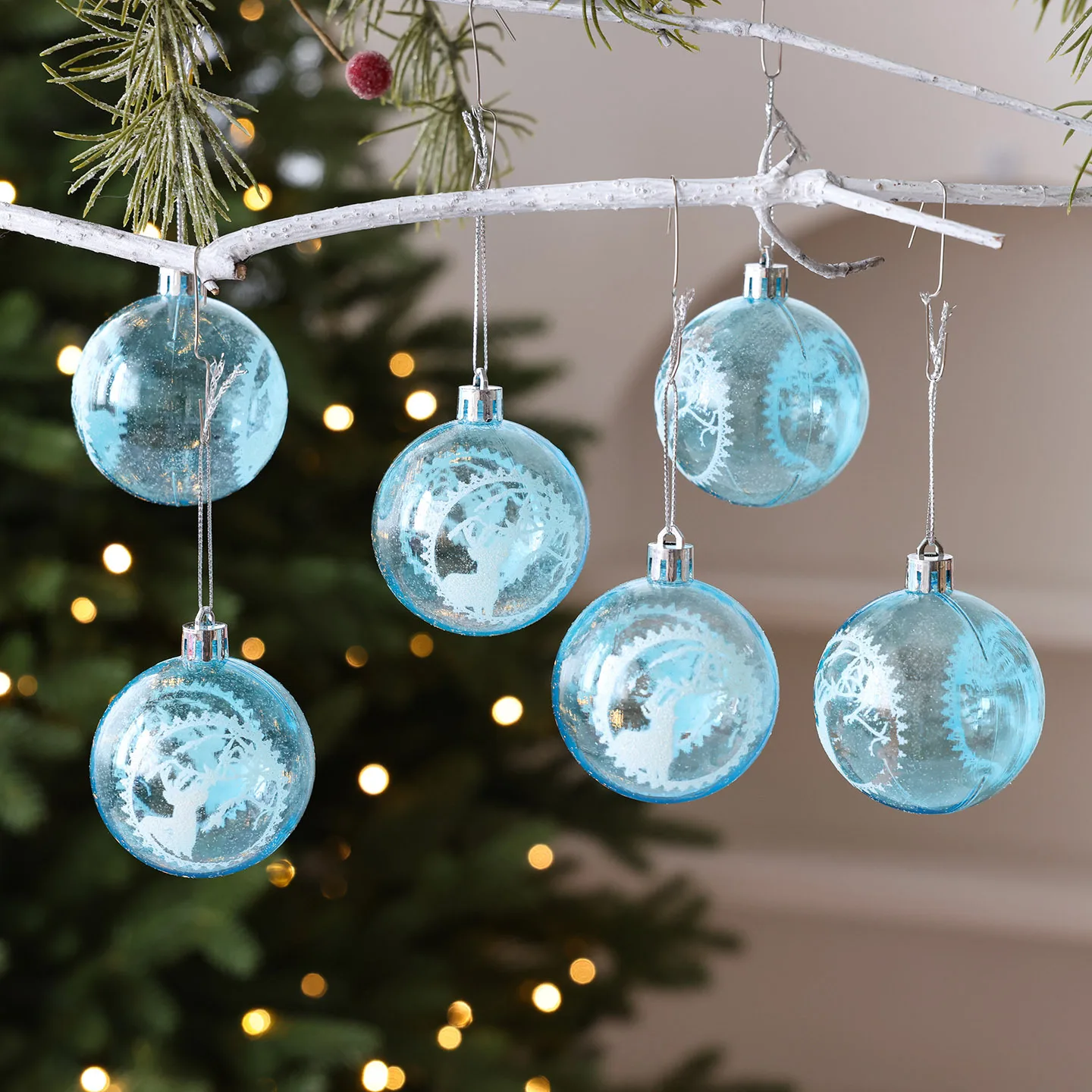 

6Pcs 6cm Blue Transparent Painted Plastic Balls Christmas Balls Decor Hanging Ornaments Snowflake Christmas Balls