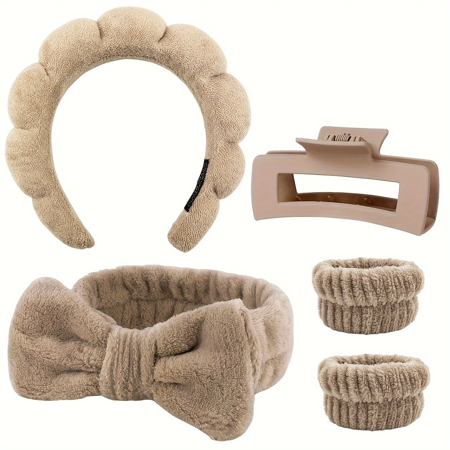 

5pcs Spa Headband & Wristband Set with Claw Clips | Cute Makeup & Skincare Accessories for Women & Teens