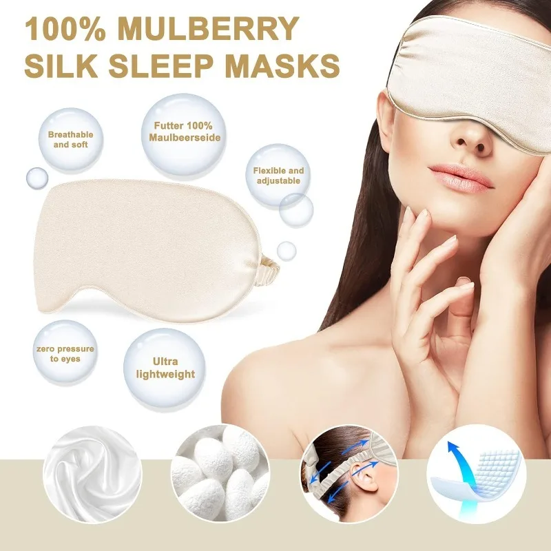 4 Pcs For Girls Ladies Apricot Silk Sleep Eye Mask Travel Set Soft with Hair Scrunchie Head Band and Travel Pouch