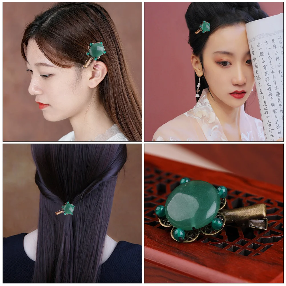 

1Pcs Vintage Copper Hair Bang Clamp Green Agate Jade Beads Chinese Style Hanfu Hairpin Wedding Supplies Hair Barrette