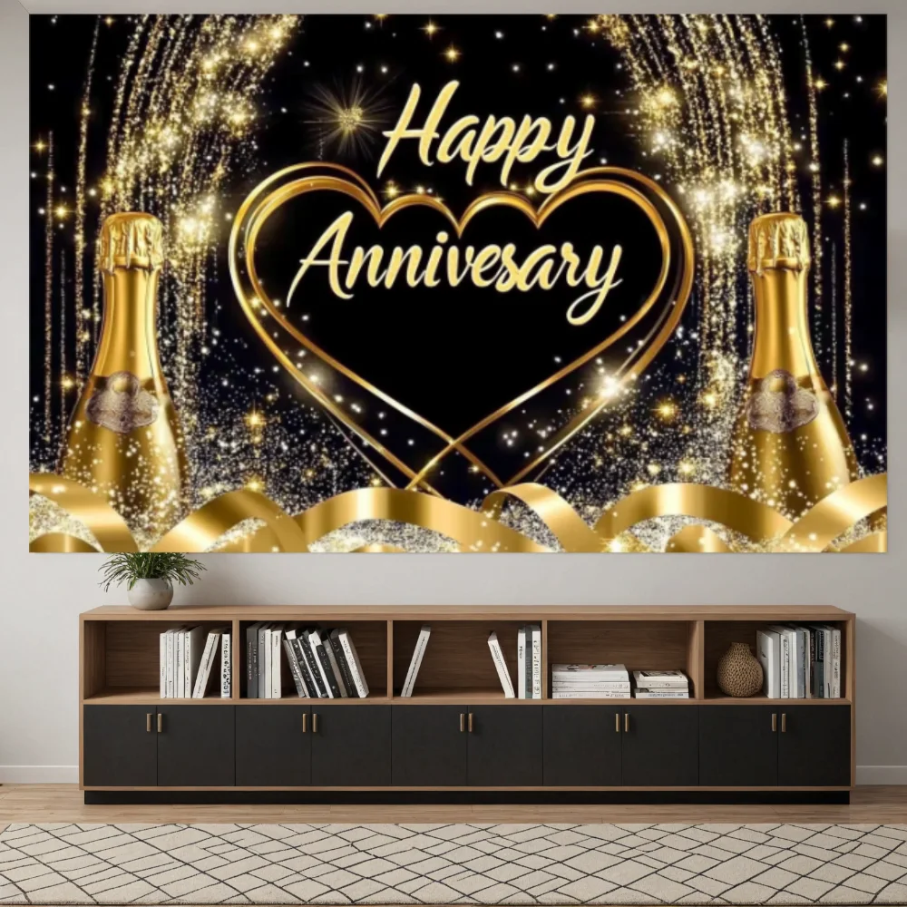 Black And Gold Anniversary Backdrop Banner Love Floral Happy Flower Love Cheers To 10 Years 50th Wedding Birthday Party Supplies