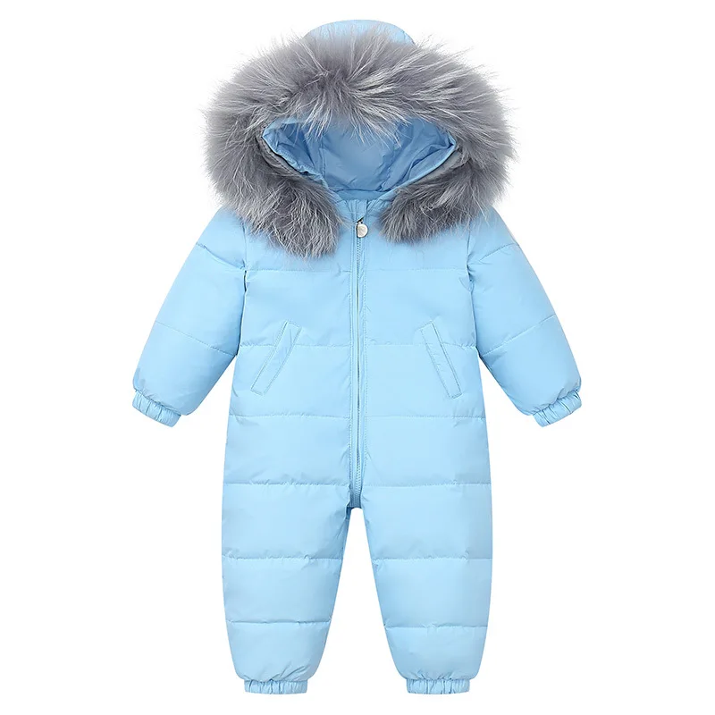 2024 Winter Baby Boy Down Jumpsuit Real Raccoon Fur Hooded Baby Girl Snowsuit Toddler Boy Winter Romper Infant Overalls Outfit