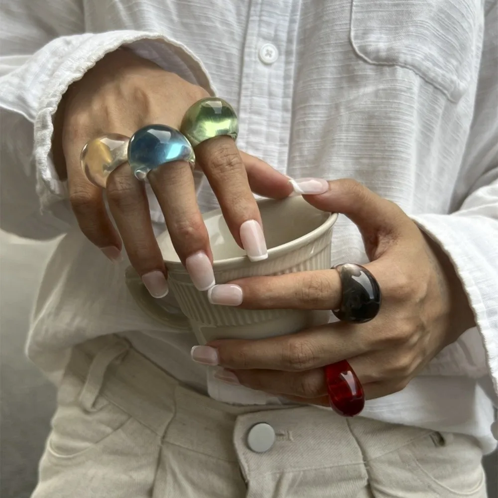 Creative Candy Color Transparent Resin Ring Multicolour Dome Acrylic Geometric Ring Chunky Oval Wide Irregular Ring Girls