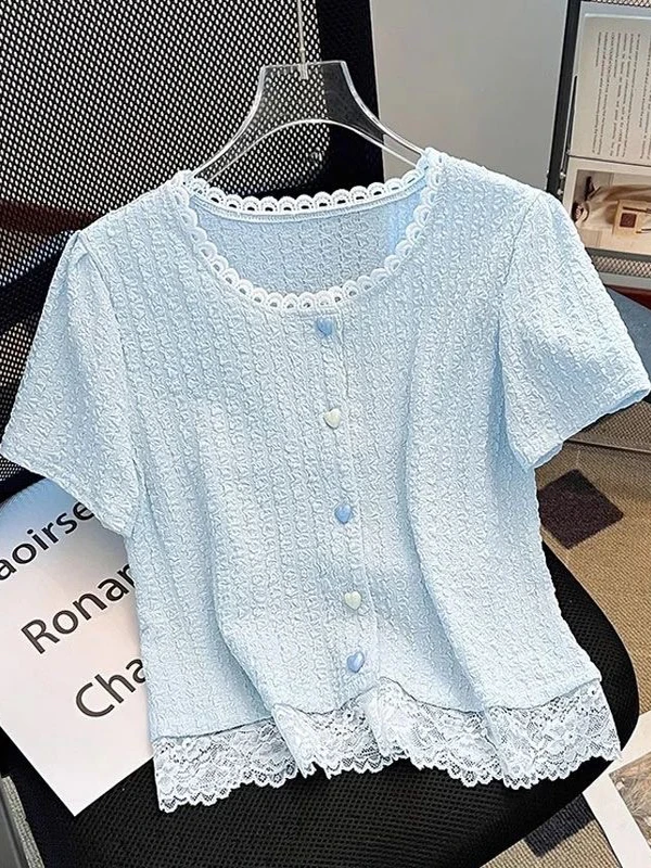 

Slimming ort Sve T-irt Women's Lace Trim Splice Self-Kee Sle Summer New Arrival Casual Comfortable Breathable