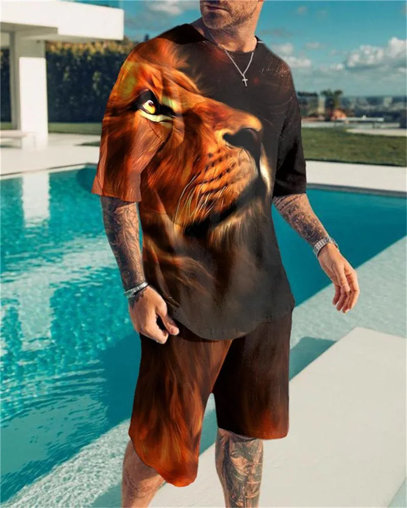 

Summer men's hot-selling trend fashion 3D printing men's suit breathable quick-drying comfortable men's crew neck T-shirt set