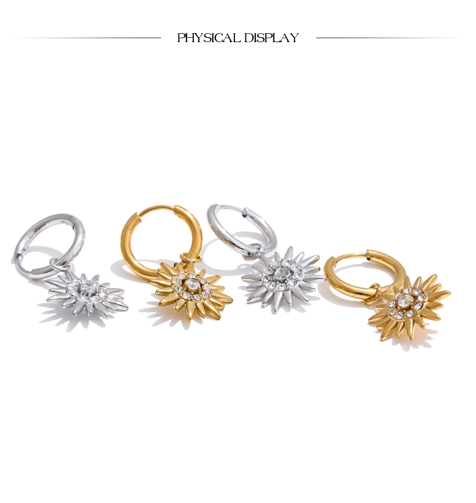 Yhpup Exquisite eingelegte Zirkonia-Sonnentropfen-Creolen für Damen, Edelstahl, zarter Alltagsschmuck, hypoallergen – Detail 7