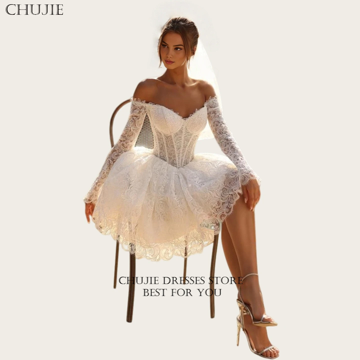 عاجي قصير كامل الدانتيل يزين زي العرائس لين مطوي كم طويل فستان الزفاف امرأة مخصصة فستان عروس Vestido de novia #3