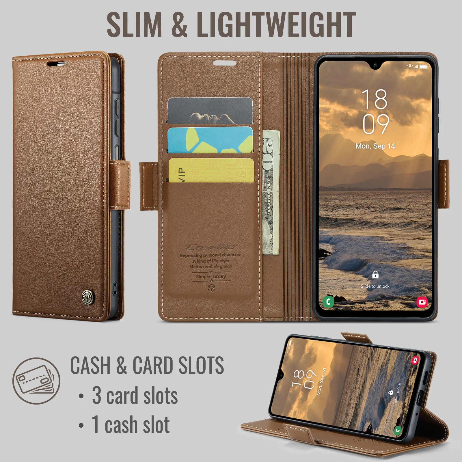 Caseme-023 A27 For Samsung Galaxy A27, Book Style Flip PU Leather Wallet Case Card Slot Pouch Stand Phone Full Cover Side Buckle
