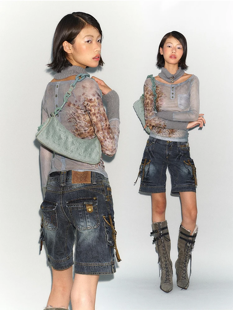 

Low Waist Mid-Calf Denim Jeans Multi-Pocket Washed Blue Women's Straight Leg Jeans Deep Blue Color Fall Season Fashion