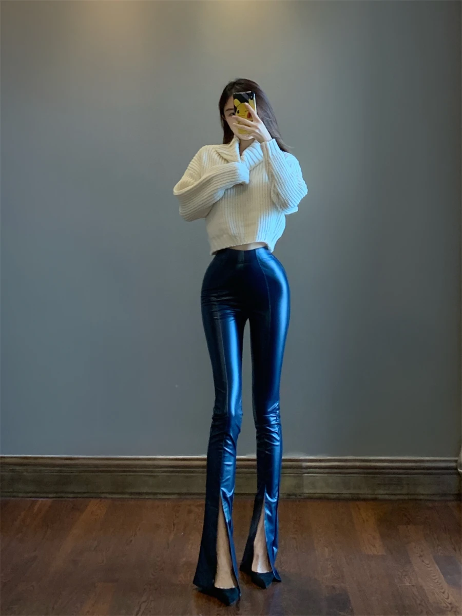 3XL Spicy Girl Flare Pants Split Zipper Shiny Skin PU Leather High Waist Elastic High Street Pants Trousers Korean Sexy Boho 9F