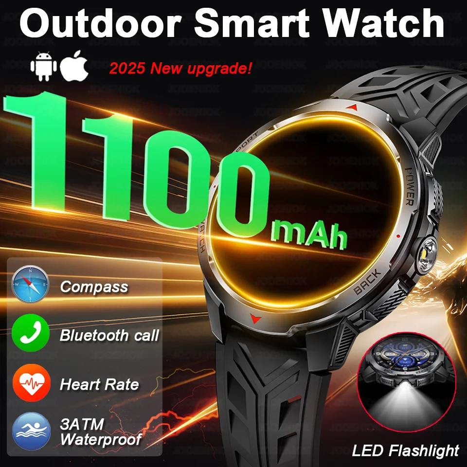 

2025New 1100mAh Large Battery Smart Watch Men Compass LED Flashlight 3ATM Waterproof Bluetooth Call Heart Rate Sports Smartwatch