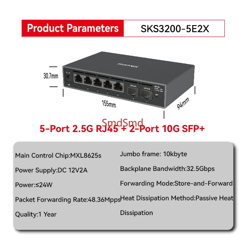 7 ports Easy Managed hub，5 ports 2.5G RJ45，2 ports 10G SFP+, Support Web management/Vlan division/link aggregation