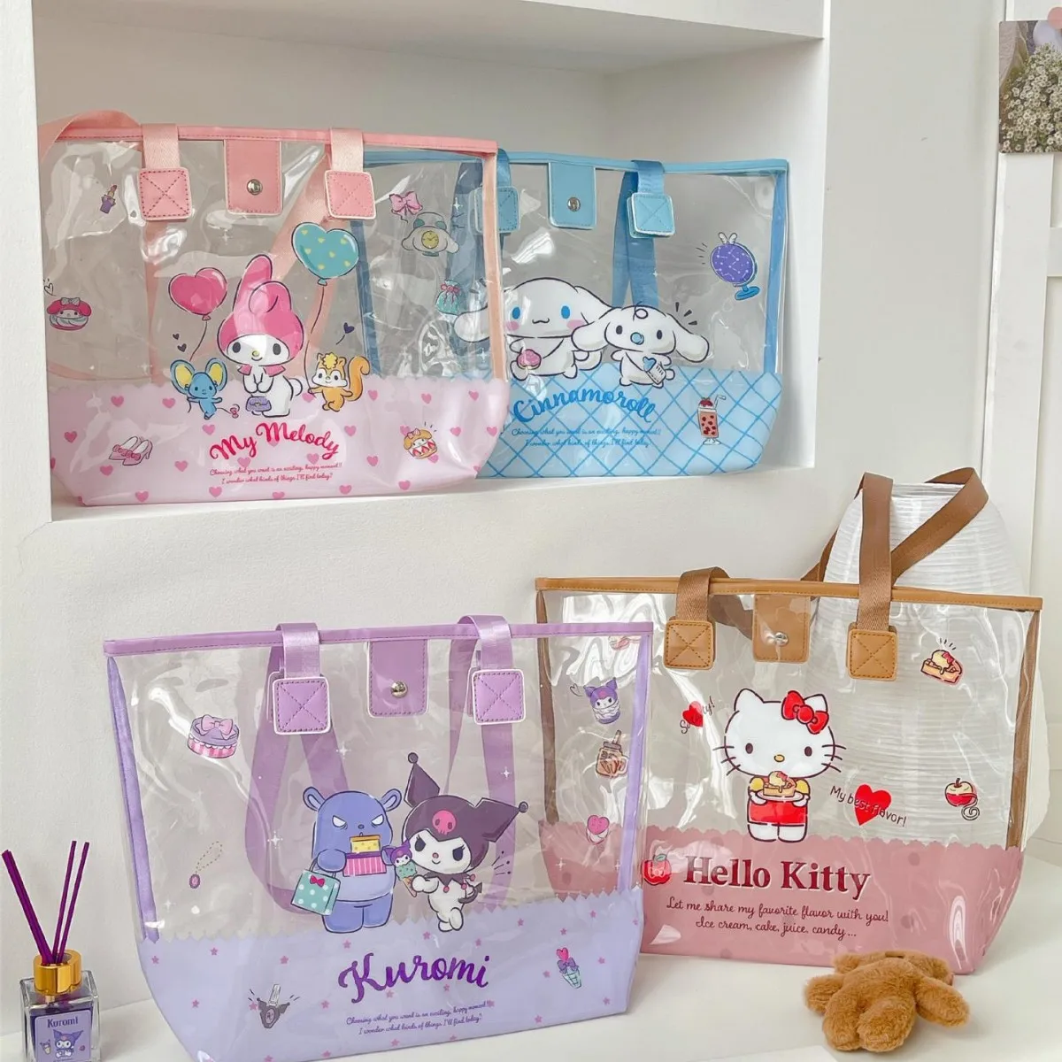 Bolso de Hombro Transparente Sanrio Jelly, Gran Capacidad, Lindo Diseño de Dibujos Animados, Bolso Portátil para Estudiantes